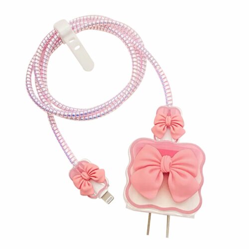 Pink Bow Grey Tom Phone Charger Case Cover & Spiral Cable Protector Compatible with Apple iPhone 11 to 17 Pro 18W & 20W
